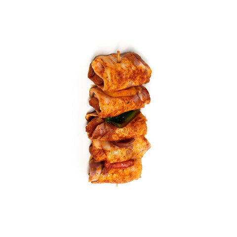 Using only chicken breast wrapped in bacon, peppers, onions and our kebab marinade, a simple crowd pleaser on the grill or under the broiler. Sold by the unit.