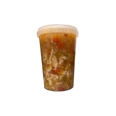 Chicken stock, onions, fennel, garlic, celery, carrots, leeks, red bell pepper, pasta, roasted chicken, herbs, spices. 950 ml.
