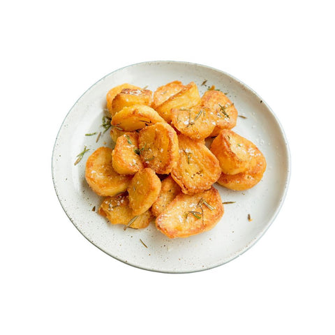 Coated in Duck/Chicken fat for crisp and crunch. Simply heat and Serve. Serves 1-2 portions