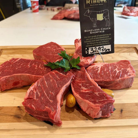 The Same as our Bone in Short Ribs, Just Boneless. Canada's best beef, hand selected for Ribeyes by our exclusive network of local Alberta farms.  Average Piece is 3/4 lb.