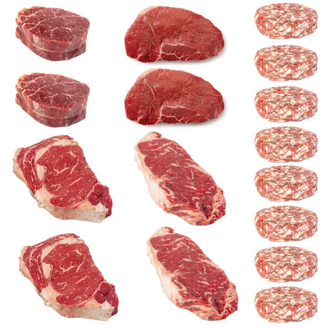 All items individually vacuum packed & may be frozen  What is Blue Ribbon Beef? The top 10% of AAA Alberta beef, hand picked for Ribeye's  The steak lovers box includes:  2 x Blue Ribbon Top Sirloin Steaks (6-8oz each) 2 x Beef Filet Tenderloin Steaks (5-7oz each) 2 x Blue Ribbon Striploin Steaks (10-12oz each) 2 x Blue Ribbon Ribeye Steaks (10-12oz each)  Gift with purchase: 8 x Ribeye Steak Burger (5oz each) $25 value