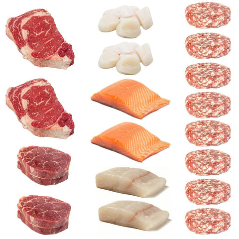 All items individually vacuum packed & may be frozen  What is Blue Ribbon Beef? The top 10% of AAA Alberta beef, hand picked for Ribeye's   2 x Blue Ribbon Beef Tenderloin Filet (5-7oz each) 2 x Blue Ribbon Ribeye (10-12oz each) 2 x Creative Organic Salmon Filet (6oz each) 2 x Halbut Filet (6oz each) 2lb New England Scallops 10/20 Size  Gift with purchase: 8 x Ribeye Steak Burger (5oz each) $25 value